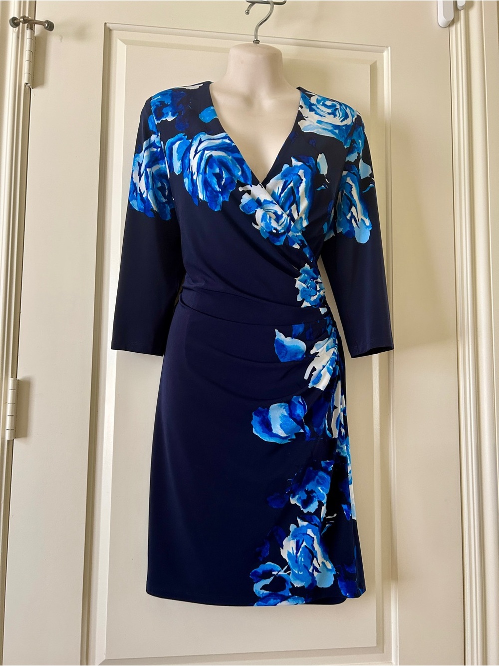 LAUREN RALPH LAUREN Dark Blue Floral Faux Wrap Dress Size 12P, EUC